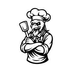 Chicken Chef Vector Illustration | Rooster BBQ Logo Design | Funny Kitchen Grill Art | Farmhouse Cooking Symbol | Restaurant Mascot Icon