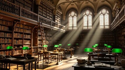 Grand Library Interior: Sunlight, Bookshelves, and Antique Study Desks - Powered by Adobe