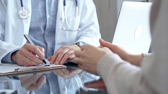 Doctor consulting patient in clinic office while both are sitting at the glass desk. Medicine concept