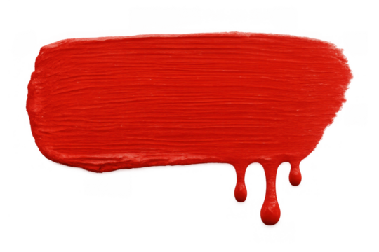 Red paint brush stroke with dripping texture, vibrant crimson smear, creative artistic background element on transparent