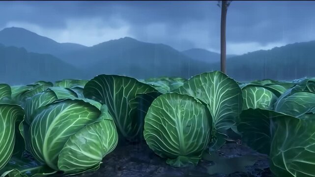 Cabbage field under the rain with mountain background - Agriculture Concept