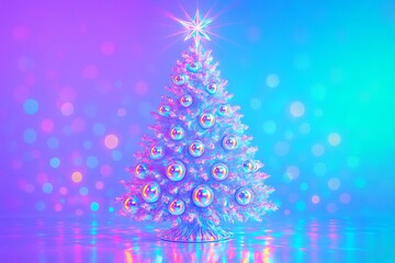Iridescent christmas tree illustration with shimmering ornaments on festive background. concept of holiday decor, seasonal celebration, vibrant festivity