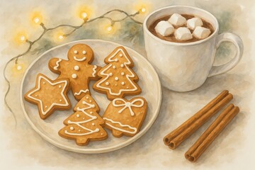 Fototapeta premium Christmas gingerbread cookies and hot cocoa with marshmallows illustration. concept of holiday treats, cozy winter, festive dessert.