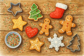 Christmas gingerbread and cookies on wooden table with festive shapes and sprinkles. concept of holiday baking, sweet treats, seasonal celebration, gingerbread art