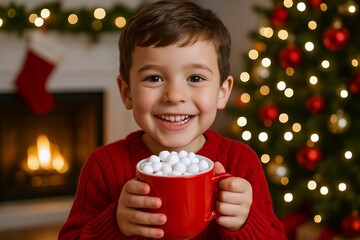 Naklejka premium Happy child enjoying hot cocoa with marshmallows by christmas tree and fireplace. concept of holiday cheer, festive celebration, winter warmth