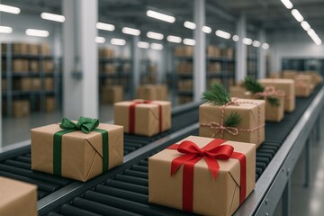 Wrapped christmas gifts on conveyor belt in warehouse with simple composition for holiday preparation and packaging concept