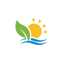 Fototapeta premium A natural scene comprising a leaf, sun, and water waves in a clean, minimalist design