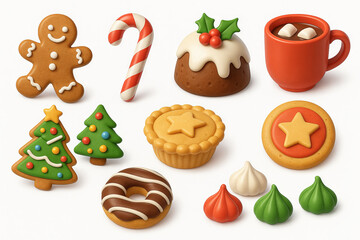 Illustration of festive christmas sweets featuring gingerbread cookie, candy cane, holiday cake, and hot chocolate. concept of holiday spirit, festive treats, christmas celebration