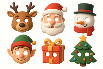 Fototapeta premium Illustration of festive holiday masks featuring reindeer, santa claus, snowman, elf, gift box, and christmas tree for new year celebration decor