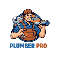 A smiling man in work clothes holds tools, with pipes behind him in a circle