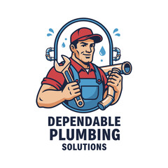 A cartoon plumber holding tools inside a circle with water drops and a pipe segment