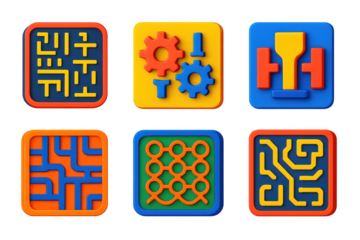 Microfabricated Tech Icons. 3D icon set of microfabricated tech: etched silicon chip surface, MEMS gear structure, nano-scale