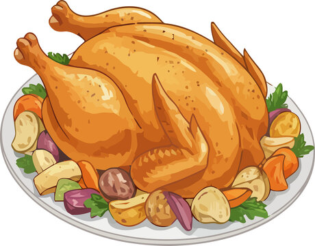 roasted chicken on plate with vegetables clip art preview