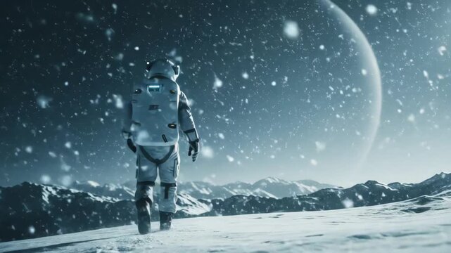 Astronaut Walking on Icy Alien Planet Surface During Snowfall with Giant Planet in Sky