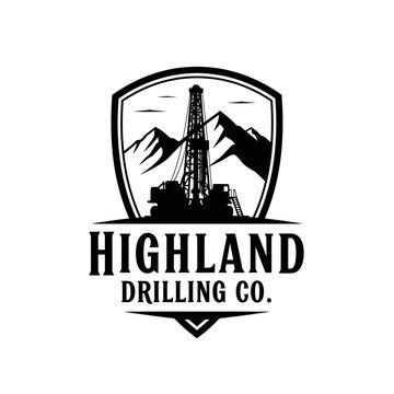 A black and white logo with a drilling rig silhouetted against mountains inside a shield