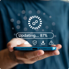 Smartphone software update 87 percent progress dual gears loader cyan icons hands bokeh backdrop stock vector graphic