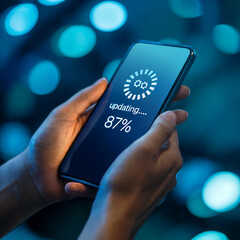Hands cradle smartphone app update 87 percent spinning gears bokeh blue lights navy interface stock photo