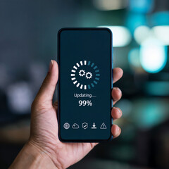 Hands hold smartphone software update 99 percent dual gears icons bokeh backdrop dark navy screen