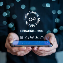 Smartphone updating progress 99 percent gears icons cloud globe download warning hands dark suit bokeh lights stock graphic