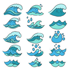Collection of Hand-Drawn Water Waves with Various Styles and Designs