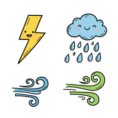 Cute Weather Doodles Lightning, Cloud, and Wind Illustrations