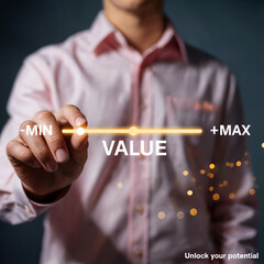 Man adjusts value slider min max scale hand foreground pink shirt office bokeh motivational unlock potential stock image
