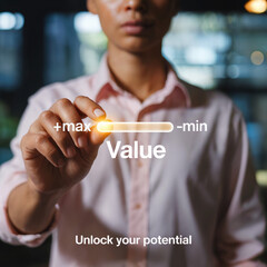 Businessman adjusts slider value max min scale closeup hand office bokeh background motivational unlock potential stock photo