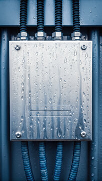 Metal electrical box with water droplets and black cables attached to power center build showing ai data crunch technology