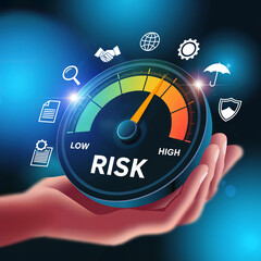 Hand presenting risk assessment dial gauge at mid yellow level with global icons on blue gradient bokeh backdrop