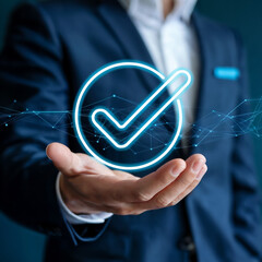 Professional male executive presenting neon outline checkmark icon above network lines in blue holographic display