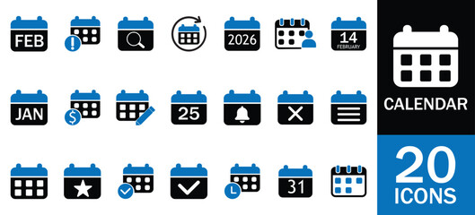 Calendar and Date Icons Set. schedule, time, event, reminder, planner, meeting, deadline, appointment, day, month, year, clock, agenda and more. solid icons Vector