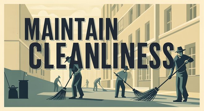 Grainy vintage poster showing workers sweeping under a bold cleanliness slogan, muted earthy tones. Maintain Cleanliness.