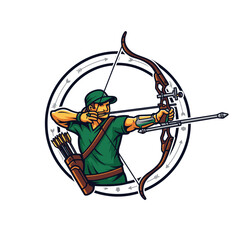An archer in a green uniform and hat aiming with a bow and arrow inside a circle