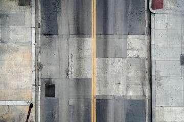 Aerial view of urban street featuring central yellow line, bordered by textured concrete sidewalks. Neutral color palette with weathered surfaces. Neural network AI generated