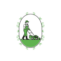 A man in green overalls and hat mows grass with a lawnmower within a leaf-framed oval