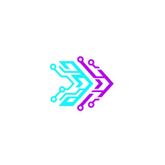 Circuit board design featuring a teal and purple arrow, set against a pristine white backdrop