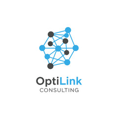 A geometric network icon composed of blue and gray circles and lines, with text below