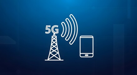 A 5g network tower and smartphone icon against a gradient blue background
