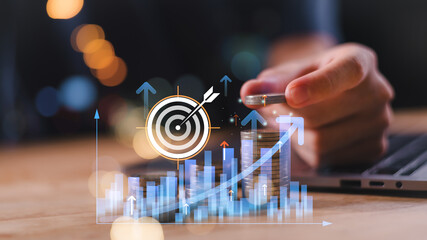 Business growth concept with stacked coins, arrow graph, and target icon showing financial success,...