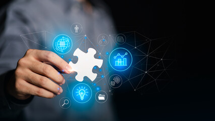 Concept of connection, teamwork, and business innovation representing strategy, problem-solving,...