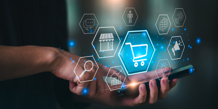 Digital e-commerce concept with online shopping cart icon, mobile marketing, data analytics, and technology network for business sales and customer engagement growth ,digital transformation