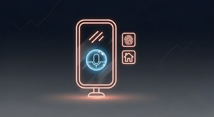 Neon smart mirror with voice assistant, fingerprint scanner, and home automation icons