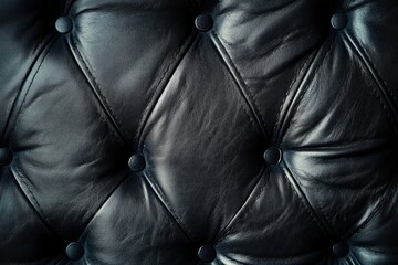 Close-up of black tufted leather surface with buttons, showcasing rich texture and tactile depth. Soft lighting enhances luxurious appearance. Neural network AI generated