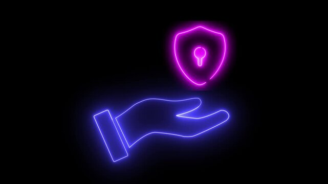 Neon light effect animation of a hand icon holding a shield