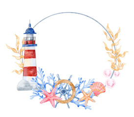 Round Marine Frame with Lighthouse, Coral, and Seaweed. Ocean watercolor border for card, invitation.
