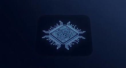 A glowing blue circuit board on a dark background, representing technology