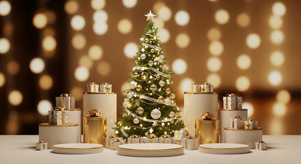 Christmas tree with gifts and podiums for festive promotion