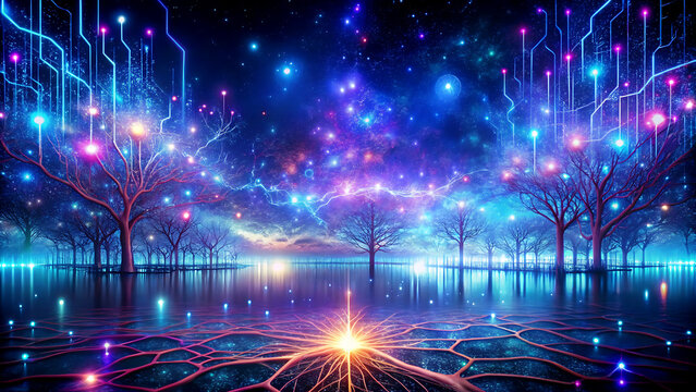 Futuristic landscape with glowing trees and network connections abstract digital art suitable for technology and innovation concepts