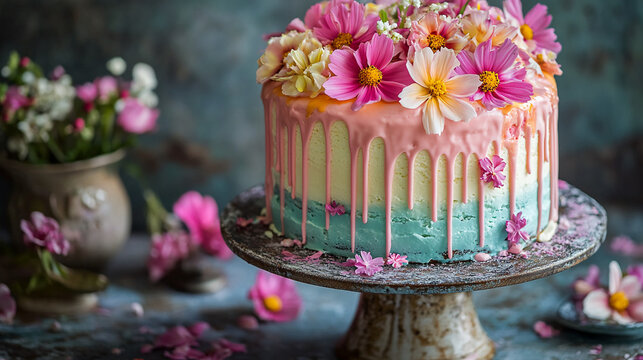 Stunning floral cake creation, a vibrant centerpiece for any celebration, bursting with fresh colors and elegant frosting details.
