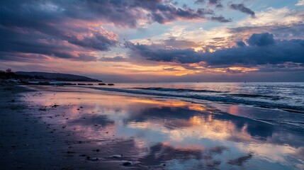 Naklejka premium Peaceful sandy beach at sunset with soft clouds in the background Tranquil nature scenery